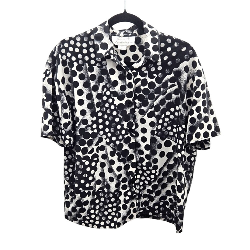 Patrick A Sportswear Vintage Polka Dot Black & White Blouse‎ Size Large